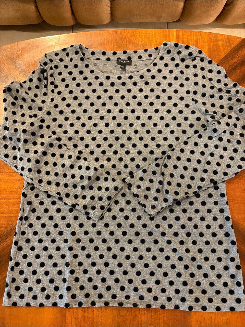 Talbots Women’s Grey Crewneck Long Sleeve Top with Black Polka Dots